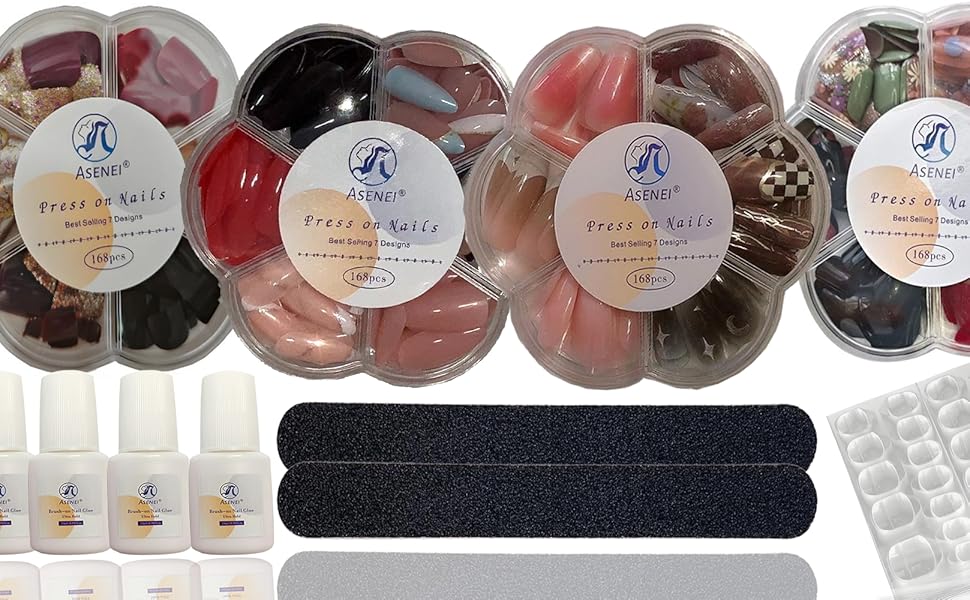 Press on Nails Kit for Finger and Toe, Medium Square, Long Square, Long Almond Shapes