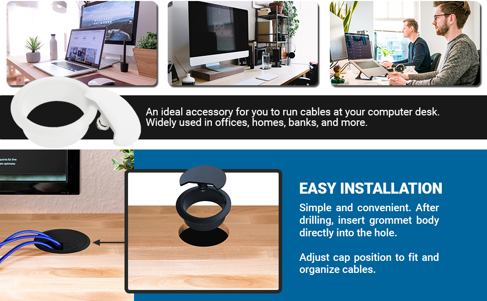 easy installation grommet ideal accessory to run cables at computer desk used in offices homes banks