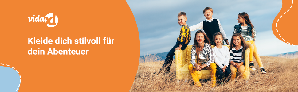 Marketing banner with orange curved design element and white text in German relating to style and adventure.