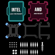 Computer motherboard mounting kit showing Intel LGA 1700 and AMD AM5 brackets, with various screws, standoffs, and installation components.