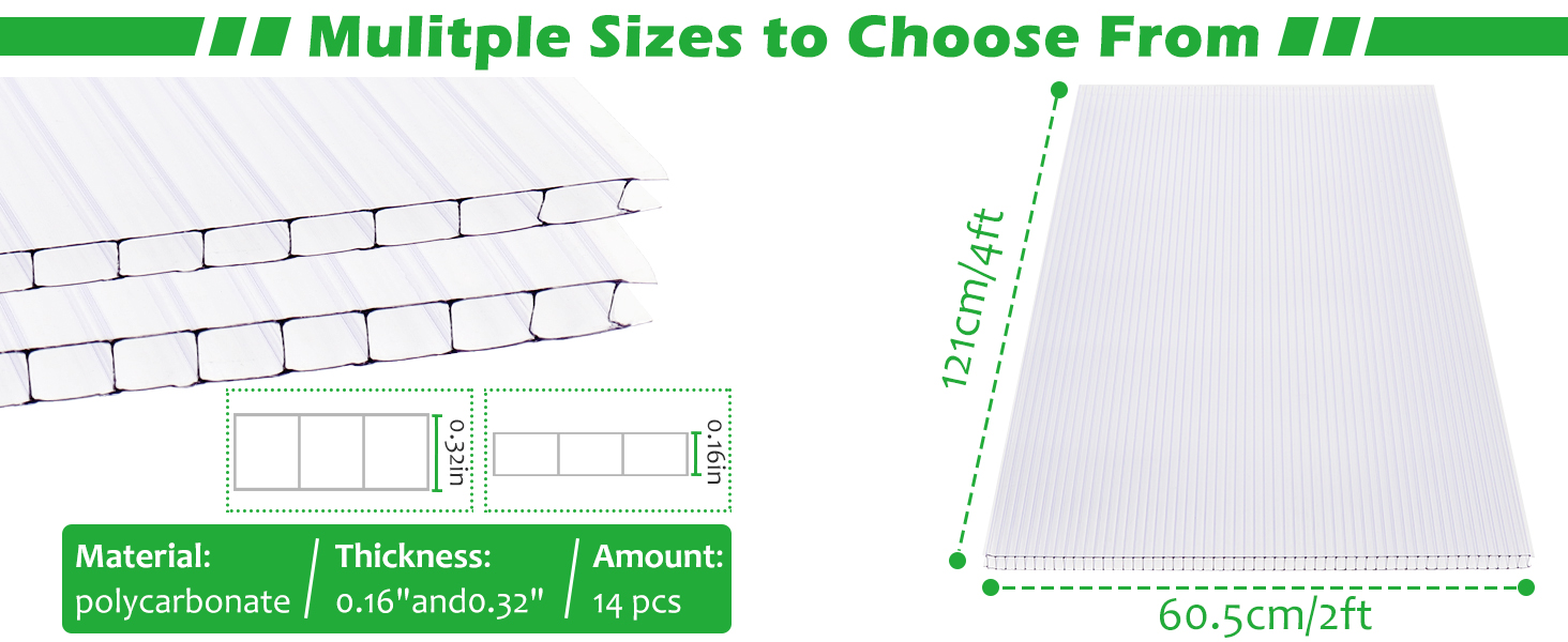 14 Pieces 4' x 2' x 0.16'' Polycarbonate Greenhouse Panels