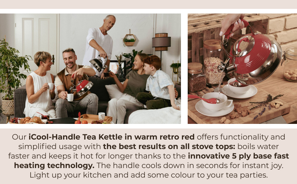 Pykal Retro Whistling Tea Kettle for Stove Top 2.6l Red Vintage