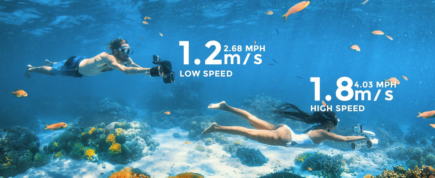 Mix the Double Motor Pro Underwater Scooter with waterproof bag - 2 speed mode 60 min depth 131FT with support for the camera and low battery alarm for snorkeling for pool diving - water scooter for adults and children 11 2 speed switch