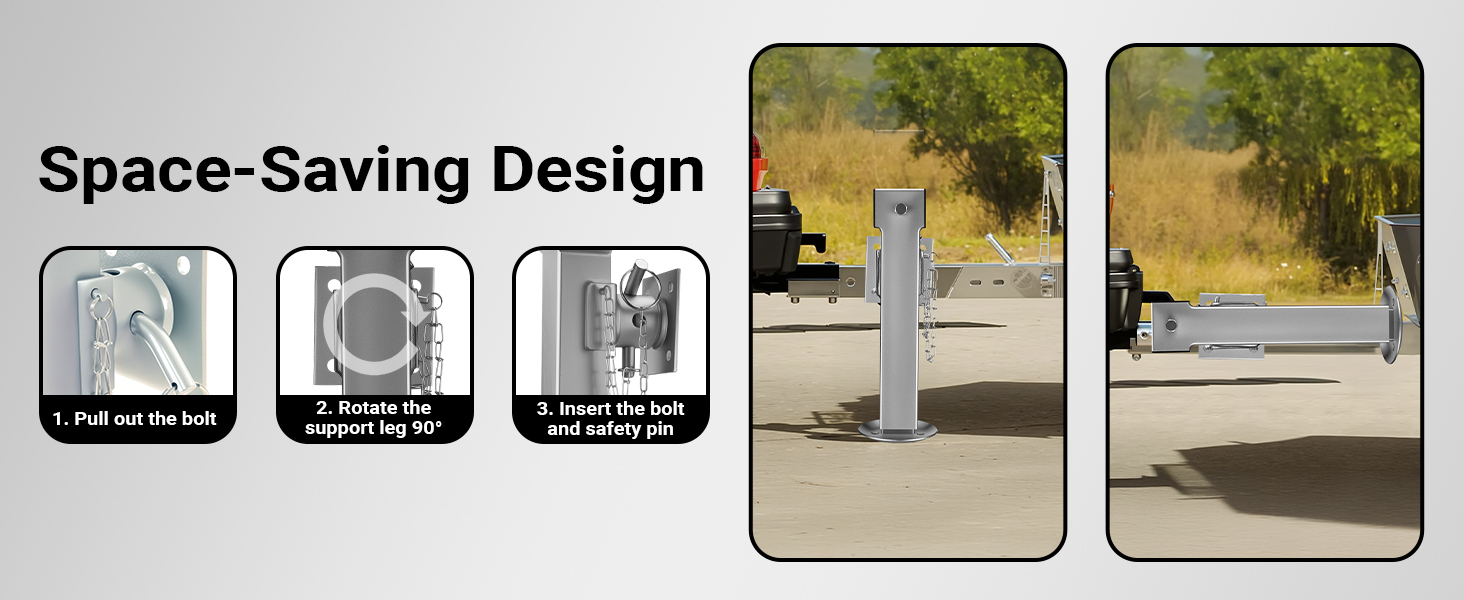 Text reads 'Space-Saving Design' with three panel images showing vehicle clearance demonstration in different scenarios.