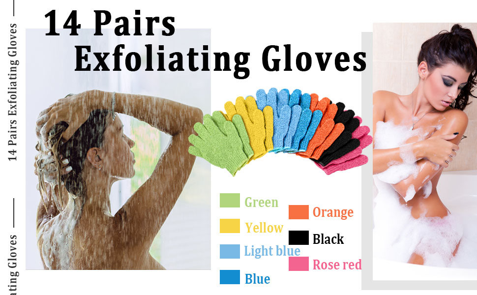 Come with 14 pairs exfoliating gloves in 7 different colors, 2 pairs for each color