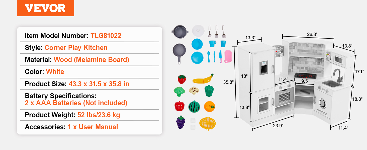 VEVOR Corner Wooden Play Kitchen, Toy Set with Lights and