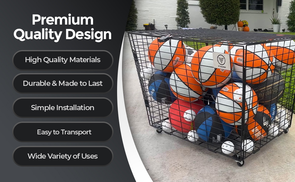 ball cart rolling storage lockable lid cage garage gym equipment organizer multi metallic sports