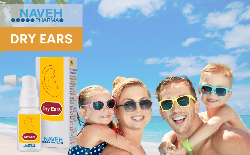 Family smiling in front of the beach with Naveh Pharma Dry Ears in the foreground