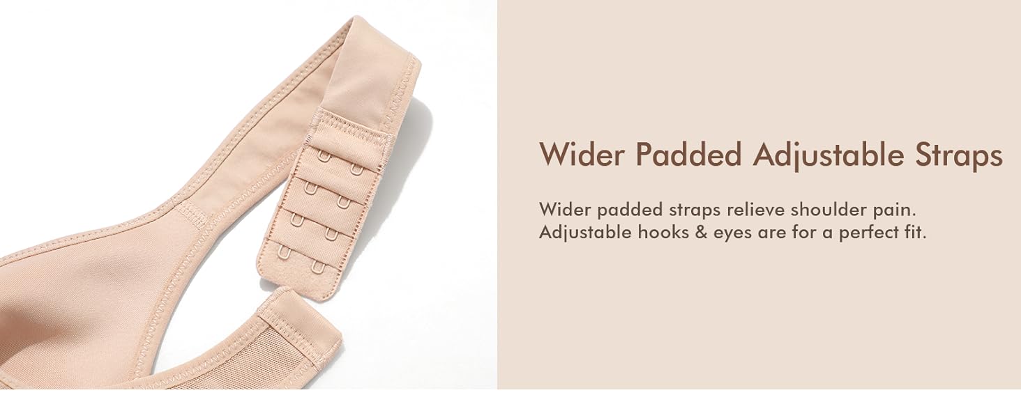 Il testo dice 'Spalline imbottite più larghe'. Immagini del prodotto con spalline beige imbottite e opzioni di regolazione.