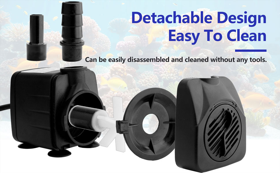 Schwarze Tauchwasserpumpe mit abnehmbaren Komponenten. Zu den Merkmalen gehören eine einfache Demontage zur Reinigung, mehrere Auslassanschlüsse und ein kompaktes kubisches Design mit Lüftungsschlitzen.