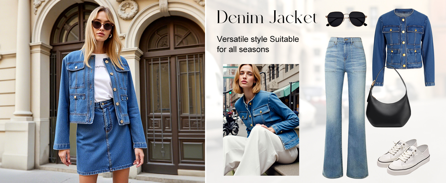 long sleeve denim jacket for women cropped jean jackets button down denim outerwear fall winter