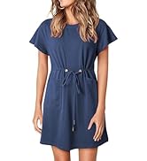 EVALESS Womens Summer Dresses Casual Round Neck Ruffle Short Sleeve Flowy A Line Mini Dress with ...