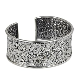NOVICA Handmade 925 Floral Silver Cuff Bracelets for women jewelry fashion accessory cute gifts her