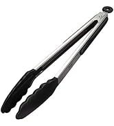 iNeibo Kitchen Tongs - 12'' Non-Slip Smart Locking Stainless Steel Cooking Tongs with Silicone Ti...