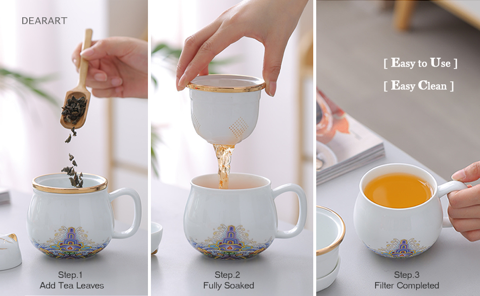 DEARART Beautiful Tea Mug and Lid Filter, 10.8oz Tea Cups