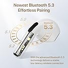 Text reads 'Newest Bluetooth 5.3' and 'Effortless Pairing'. Marketing image showing white wireless device with text about low-latency wireless connection and advanced Bluetooth 5.3 technology.