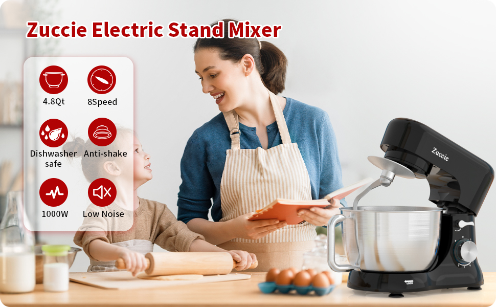 Stand Mixer, Zuccie 1509 4.8L Food Mixers for Baking, 8+PSpeed Dough