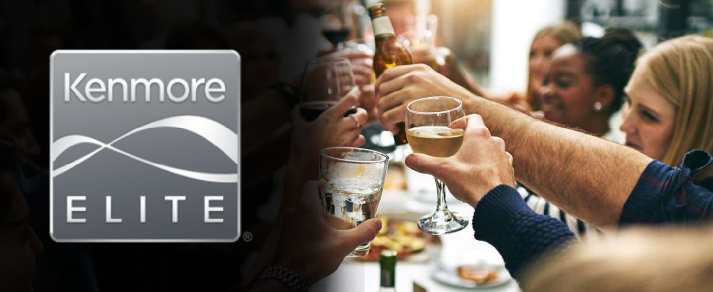 Kenmore Elite logo overlaid on a picture of happy people raising glasses of wine in a toast