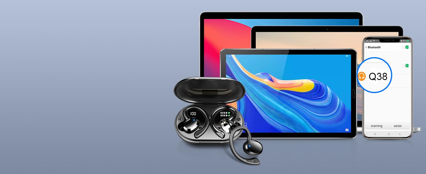 Collection of electronic devices including tablets, smartphones, earbuds, and smartwatches displayed on a blue and white background.