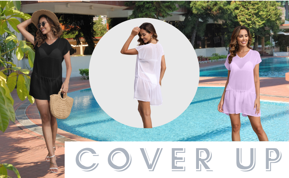 HOCILLE Women's Mesh Swimsuit Cover Up Short Sleeve Ruffle Hem Bathing