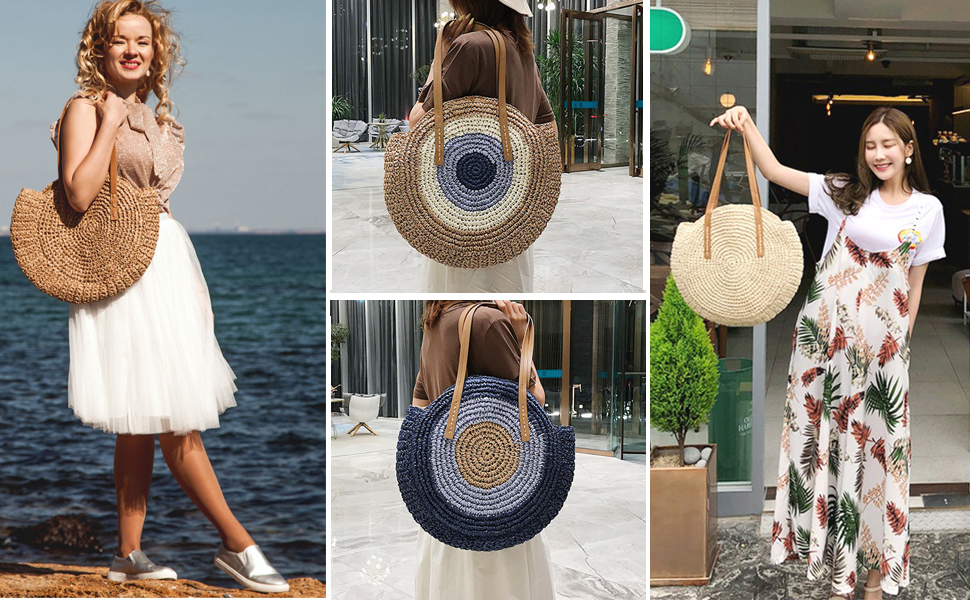 Round Summer Straw Bag Big Weave Handbags Beach Shoulder Bags Vocation Tote