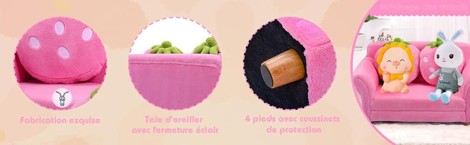RELAX4LIFE Canapé Enfant 2 Places Avec Rembourrage En Éponge, Surface Peluche De Corail, Fauteuil Sofa Avec 2 Oreillers En Forme De Fraise Pour 3-7 Ans, 90X53X48 CM, Rose/Bleu (Rose) 15 detail