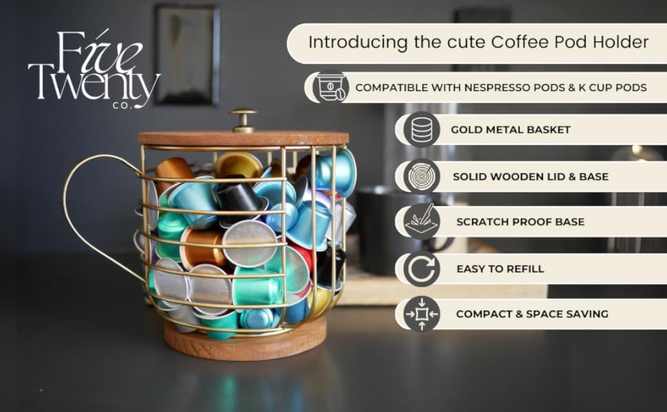 Gold & Wood Coffee Pod Holder for K Cup and Nespresso Pods with scratch proof base for countertop