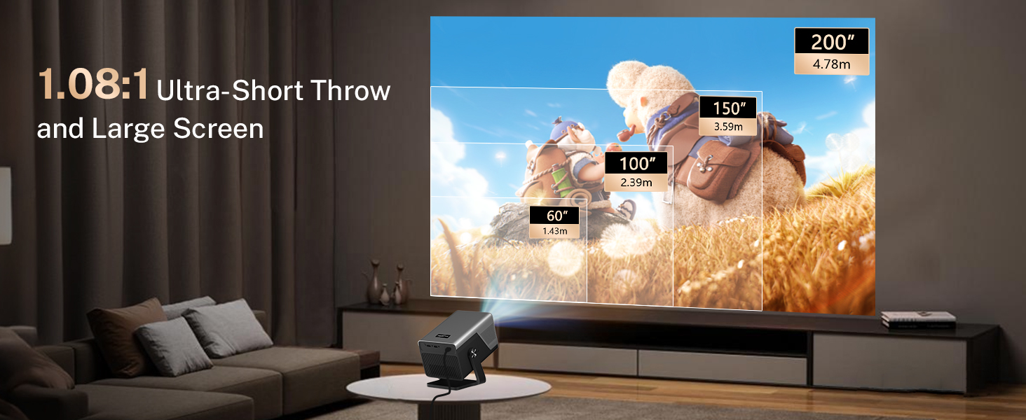 Text reads 'T.08-1 Ultra-Short Throw and Large Screen'. Home theater or projection system setup showing a large projected image.