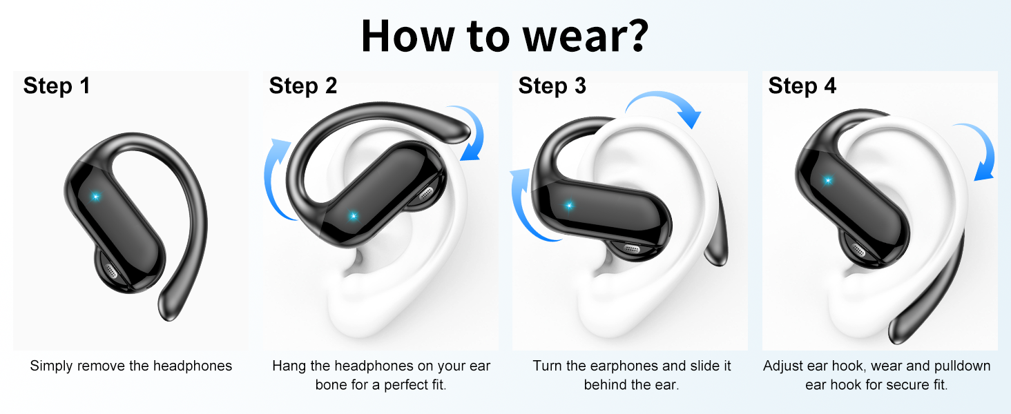 Four-step guide showing how to wear ear-hook wireless earphones. Steps demonstrate positioning, hooking over ear, turning, and adjusting for secure fit.