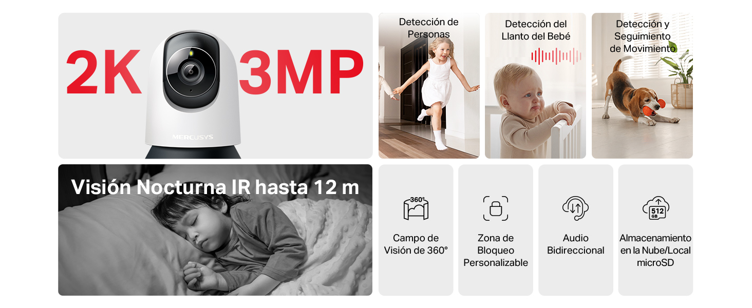 El texto dice «2K 3MP». Serie de iconos de funciones de la interfaz o del producto que muestran diversas funciones de cámara y monitorización con imágenes demostrativas.