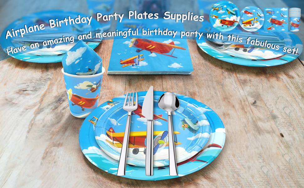 algpty Airplane Decorations Plates Set Service for 20 Airplane Birthday Supplies
