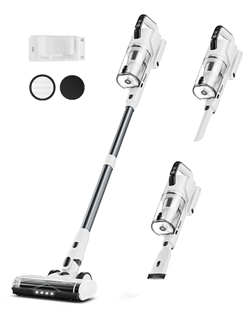 Cordless stick vacuum cleaner shown in multiple configurations - full upright mode, handheld mode, and with attachments. Features sleek silver and black design with various cleaning heads.