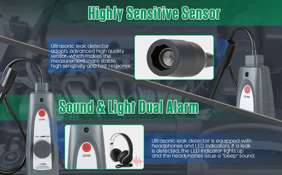 OUFKAR Ultrasonic Leak Detector, Automotive Noise Finder with Headphone, Gooseneck Probe,Noise