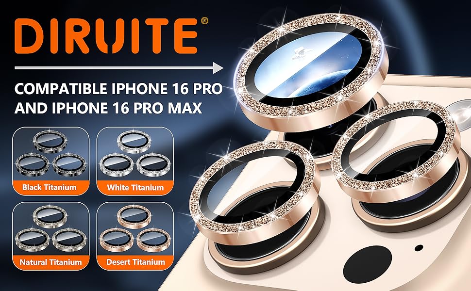 Diruite Camera Protector for iPhone 16 Pro/16 Pro Max Camera Lens protector,Glitter Decoration HD Tempering Glass+Aluminum Rim for iPhone 16 Pro/16 Pro Max Lens Cover 10 Camera Protector for iPhone 16 Pro/16 Pro Max Camera Lens protector