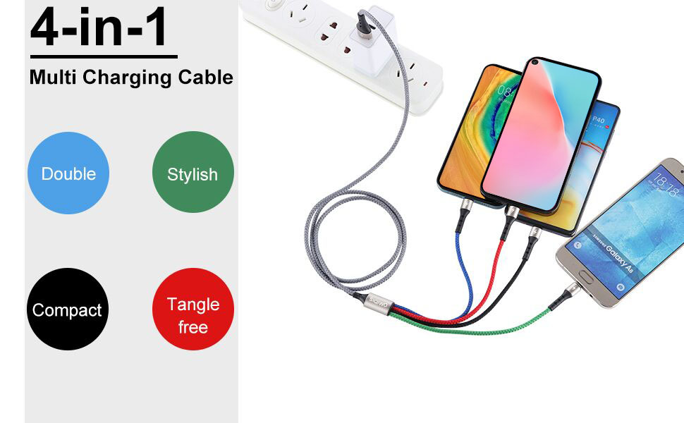 SIQIWO Multi Charger Cable 3A, 4 in 1 Nylon USB Fast Charging Cord with