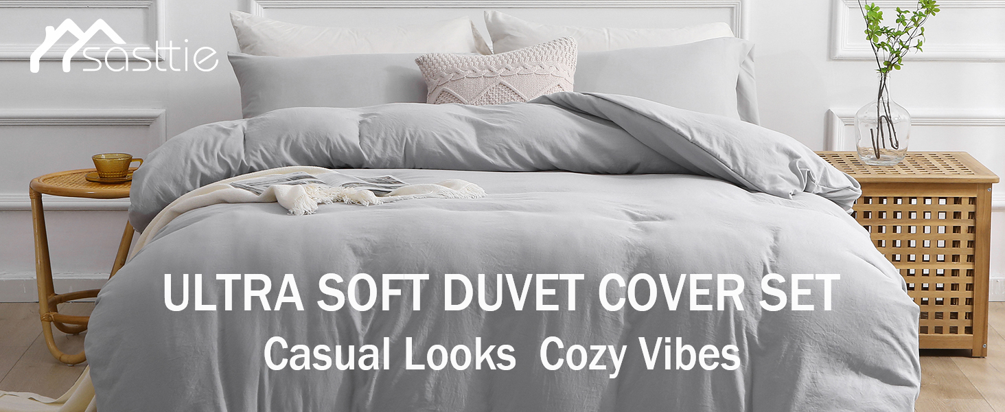 SASTTIE Duvet Cover Queen 3 Pieces, Light Grey Queen Size Duvet Cover
