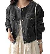 Omoone Women's Denim Jacket Long Sleeve Crop Button Down Jean Coat with Pocket