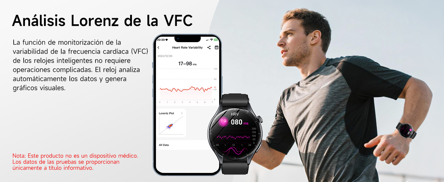 El texto dice «Analisis Lorenz de la PFC». Serie de fotografías de productos relacionados con el estilo de vida que muestran un reloj inteligente o un rastreador de actividad física que se lleva puesto durante diversas actividades.