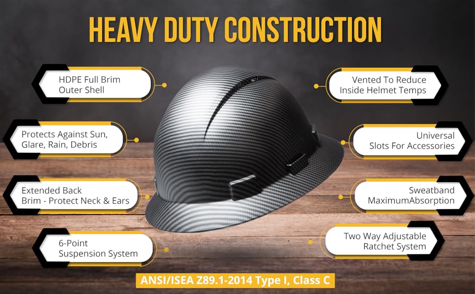 Hard Hat Construction OSHA Approved Vented Full Brim Safety Helmet