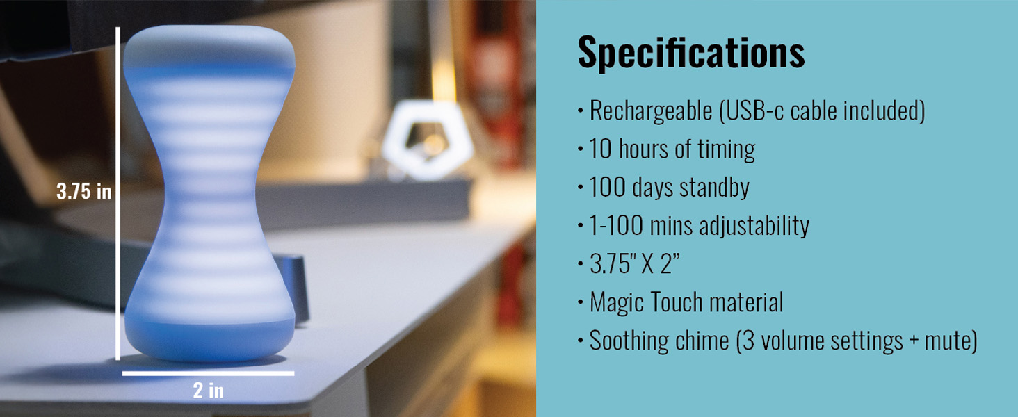 Rechargeable, 1-100 mins adjustability, 3.75"x2", Magic Touch material, Soothing chime