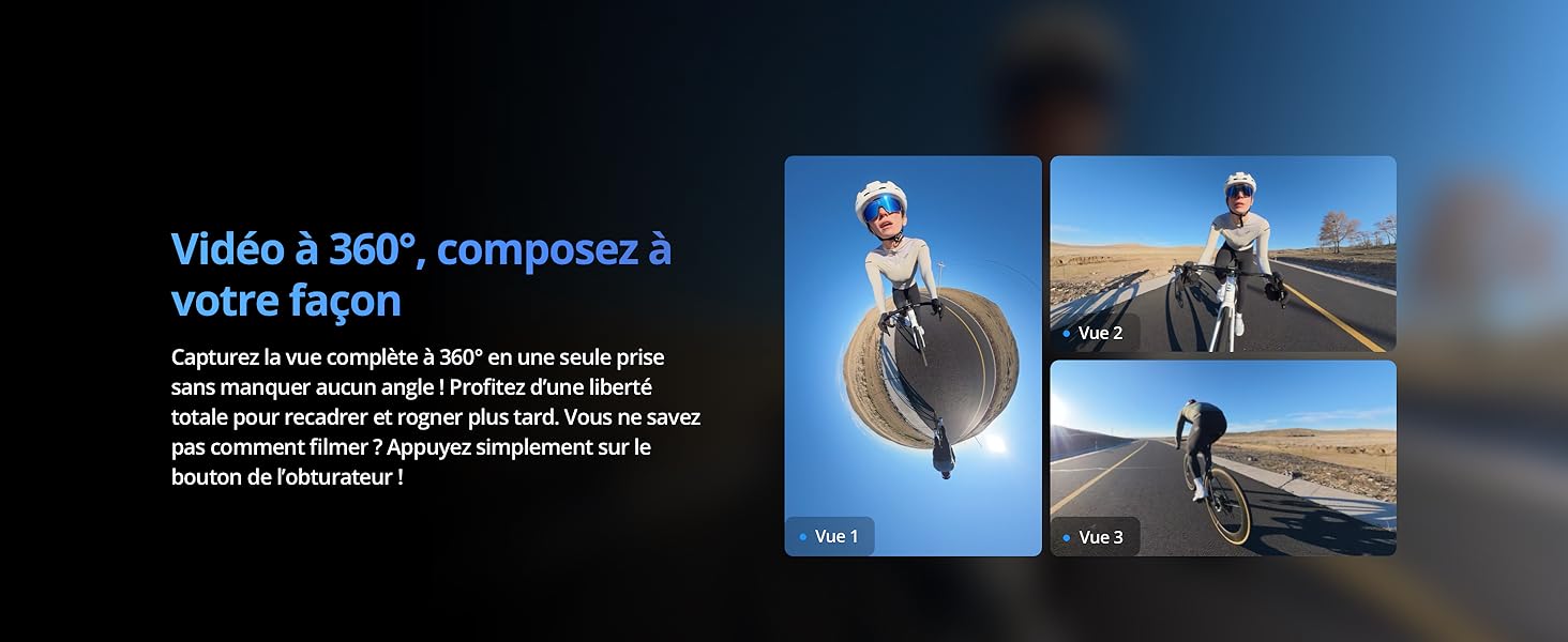 Séquence de photographies promotionnelles montrant du matériel vidéo ou des caméras utilisés en extérieur avec des arrière-plans pittoresques.