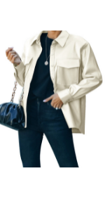 Omoone Women's PU Leather Outwear Jacket Slim Fit Button Short Washed Shirt Shacket 