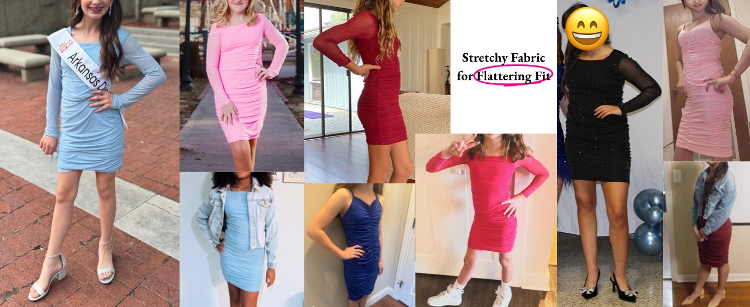 EXARUS Girls Formal Long Sleeve/Spaghetti Strap Dress Teen Party Dance Tween Bodycon Ruched Prom Fitted Cute Dresses 17 EX49S24