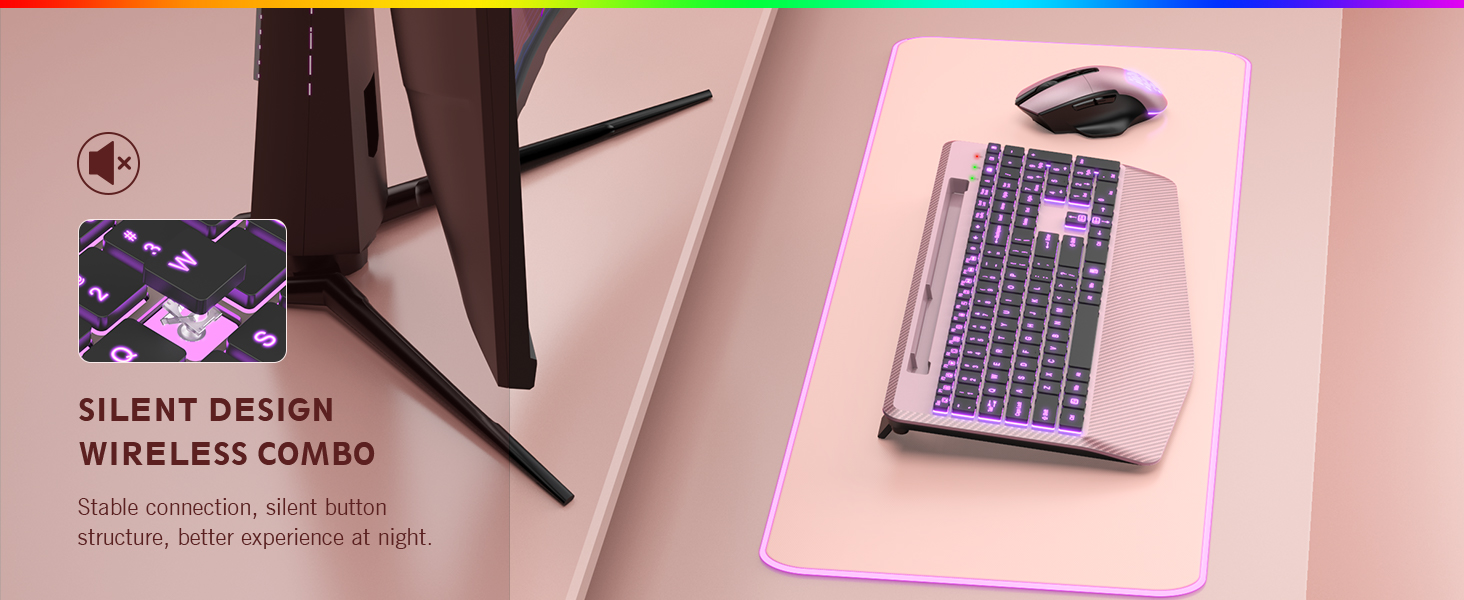 Wireless Keyboard and Mouse Backlits, Wrist Rest, Jiggler