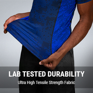 Athlete Wearing Blue Hayabusa Ranked Rash Guard Stretching it