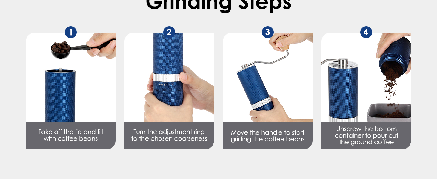 Vzaahu Manual Coffee Grinder,External Adjustable Coarseness 6 Level,CNC Stainless Steel Conical Burr Core,Color Blue,Diamonds Aluminum Alloy Body,Beech Bandle 19 al