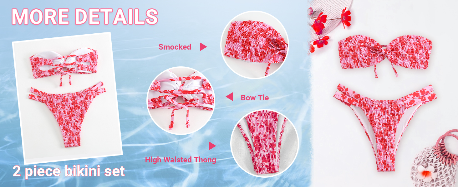 floral  strapless bandeau smocked high waisted bow tie pink bikini set