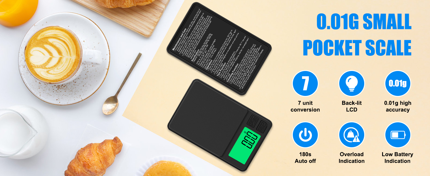 Digital pocket scale with 0.01g precision display, shown with interface buttons and feature icons including auto-off and overload indicators.