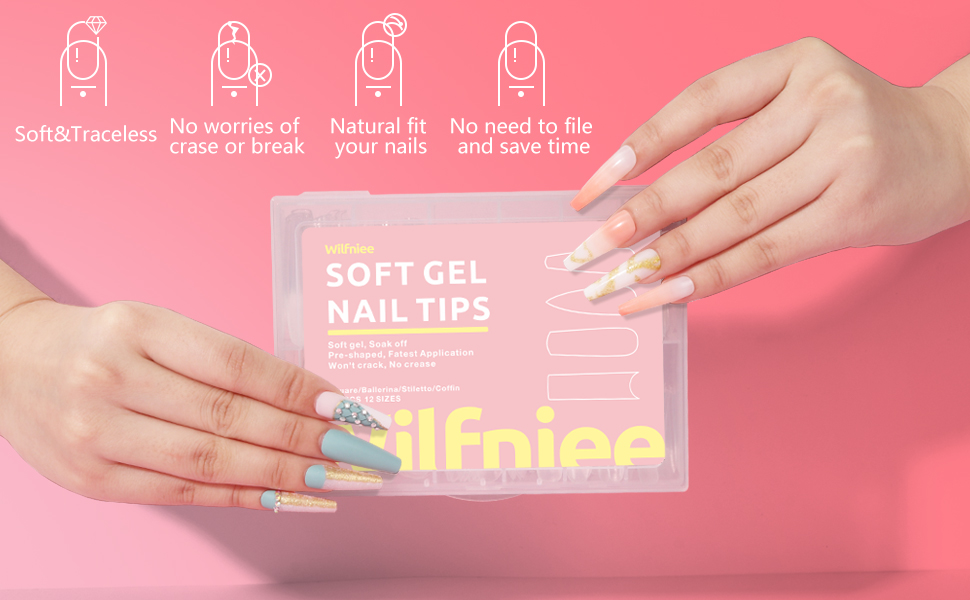 Wilfniee Soft Gel x Coffin Nails Tips, 240PCS Clear