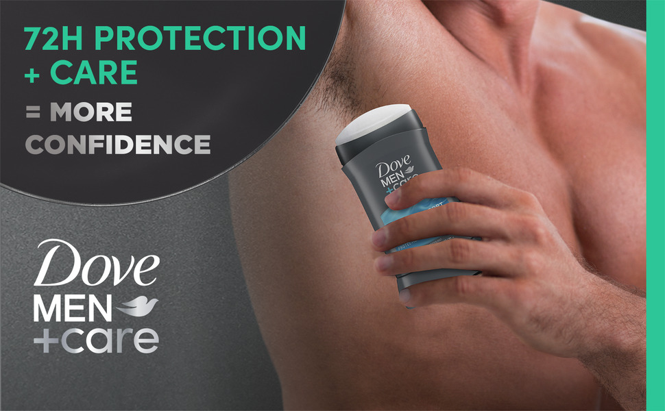 There's a Dove Men+Care logo. The title reads: 72H PROTECTION + CARE = MORE CONFIDENCE